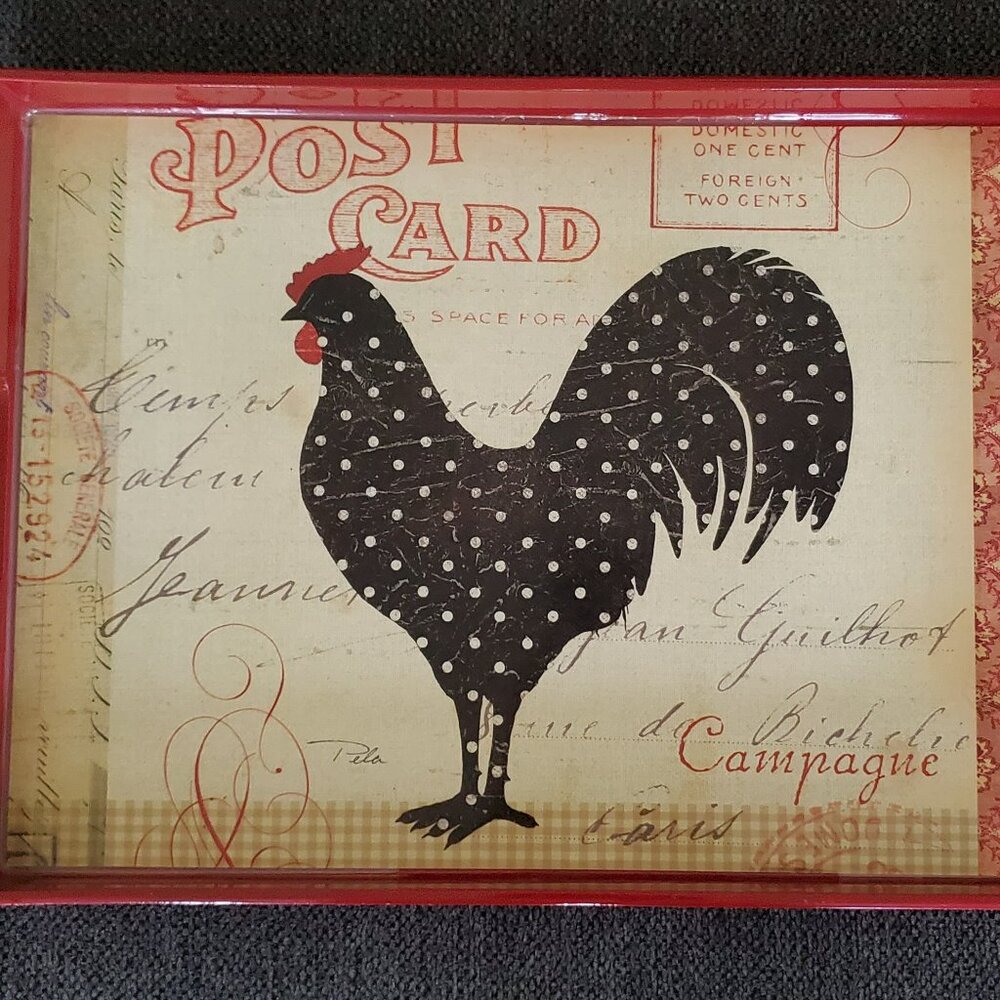 Pfaltzgraff Tray ROOSTER, Rectangle, Handles, Chicken Rustic French POSTCARD